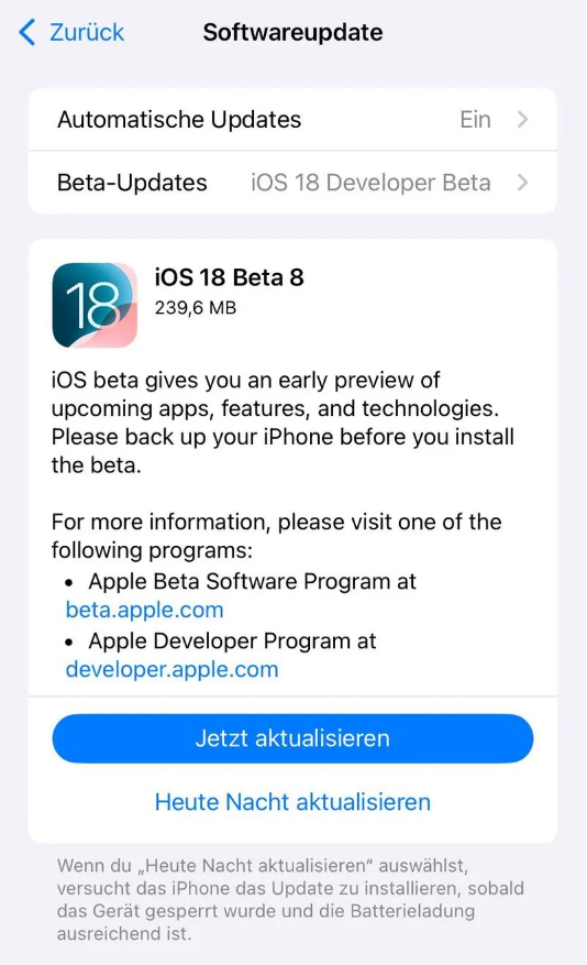 荷塘苹果手机维修分享苹果 iOS / iPadOS 18 开发者预览版 Beta 8 发布 